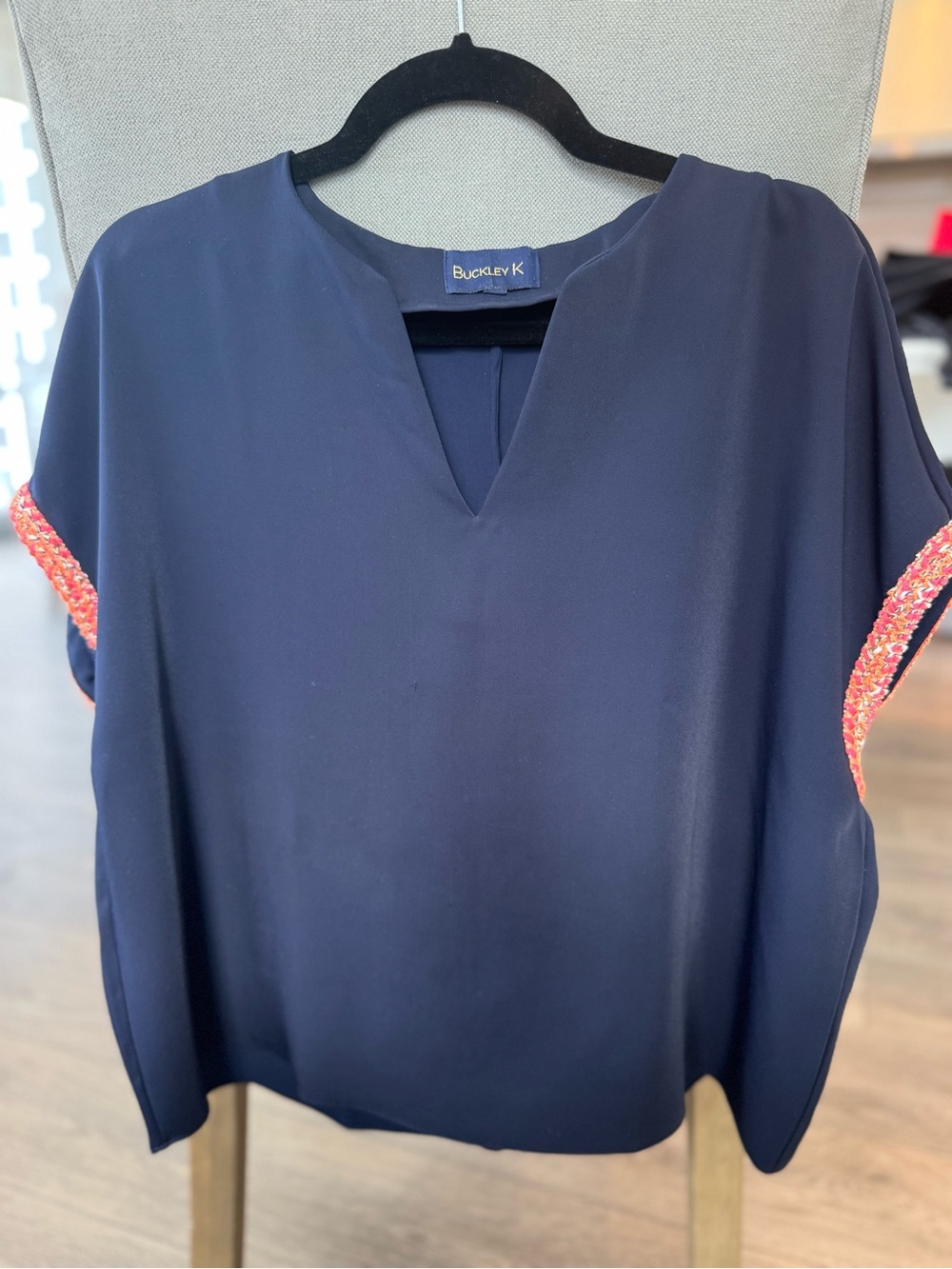 Navy Short Sleeve V-Neck Top with Braided Coral Trim